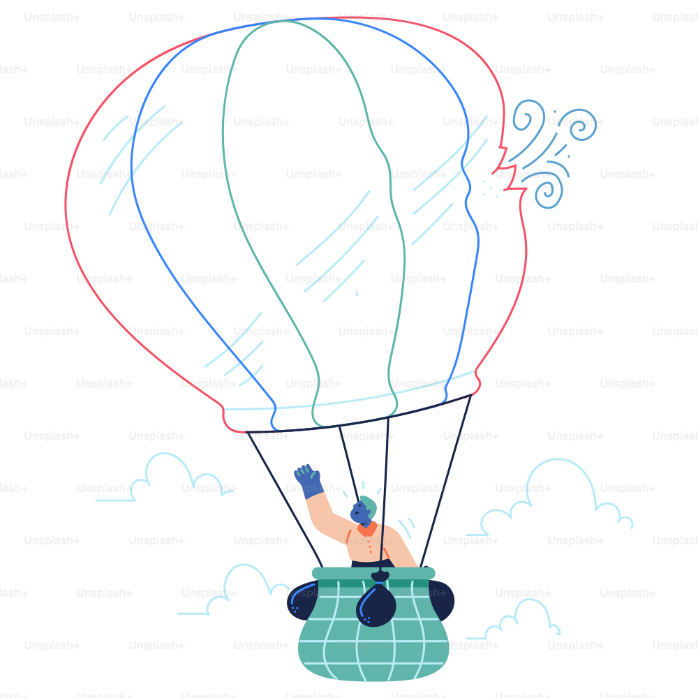 A drawing of a man in a hot air balloon