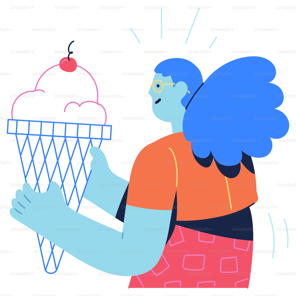 Eine Person mit blauen Haaren hält eine Eiswaffel in der Hand