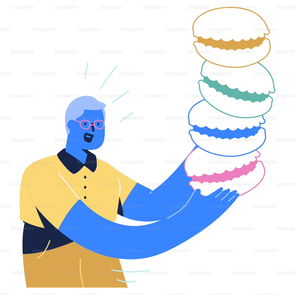 A man is holding a stack of hamburgers