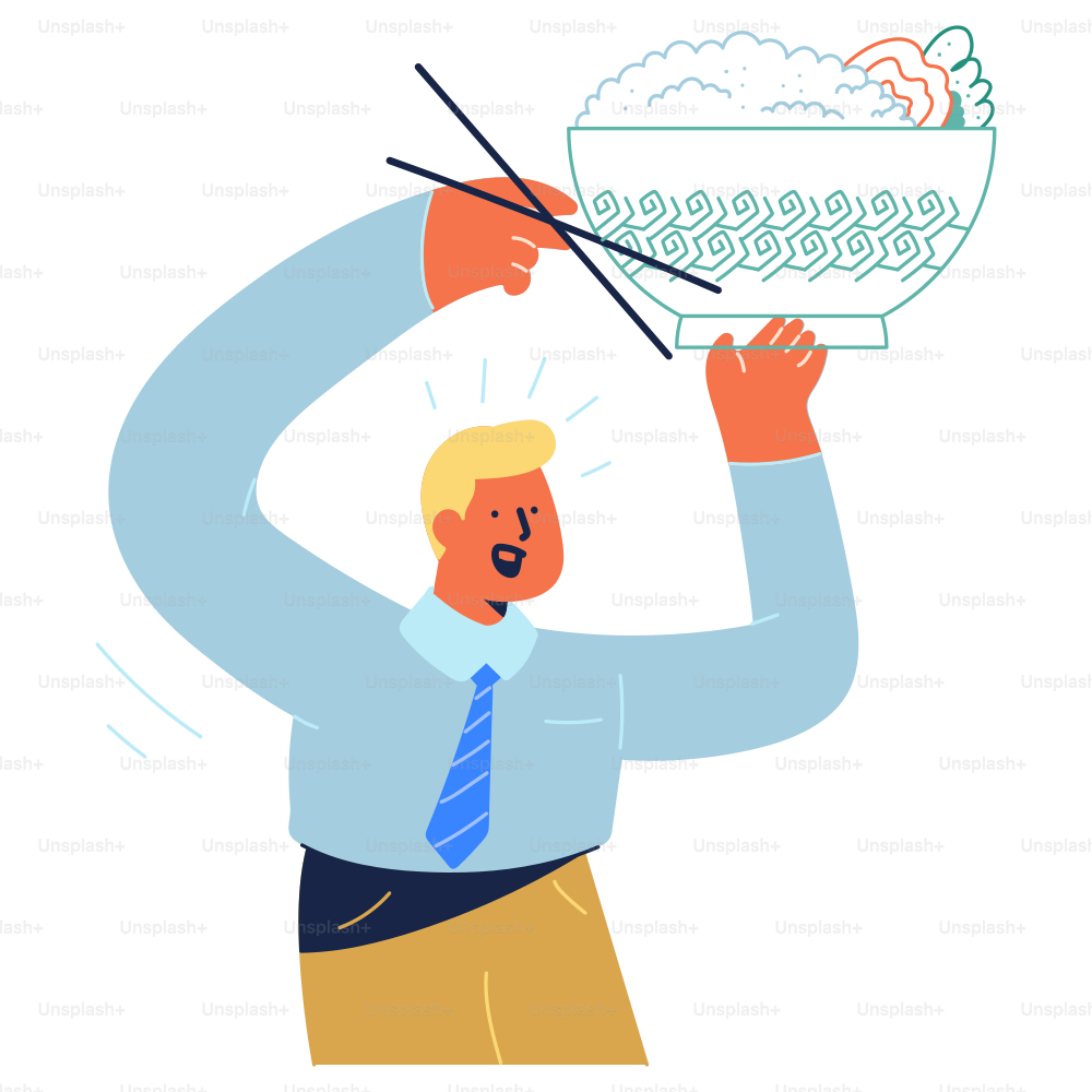 A man holding a bowl of rice and chopsticks