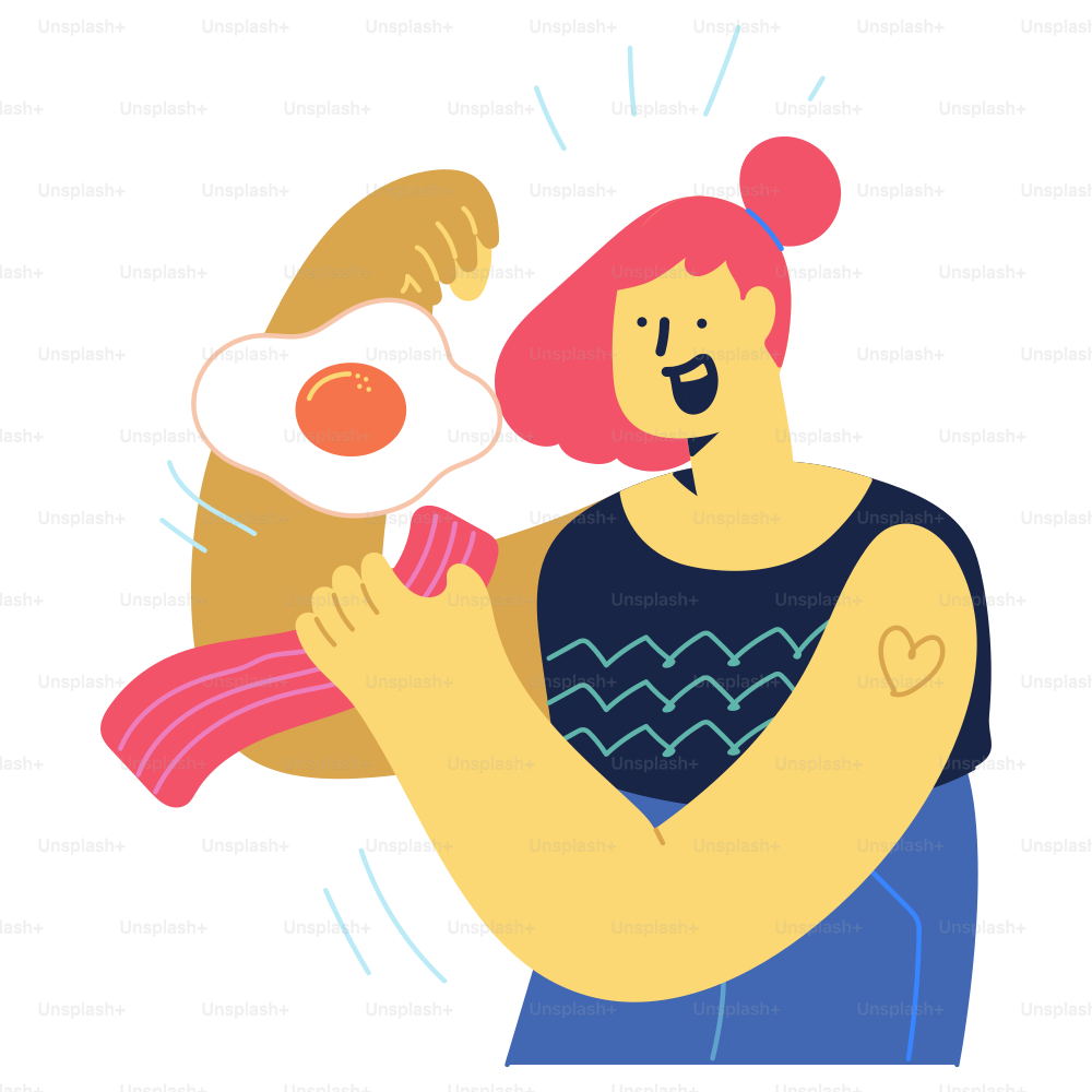 A woman is holding a fried egg and a sausage