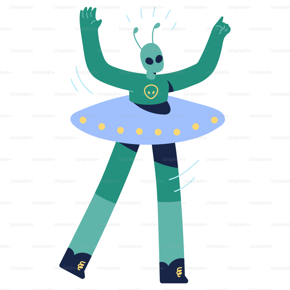 A green alien in a blue dress with arms outstretched