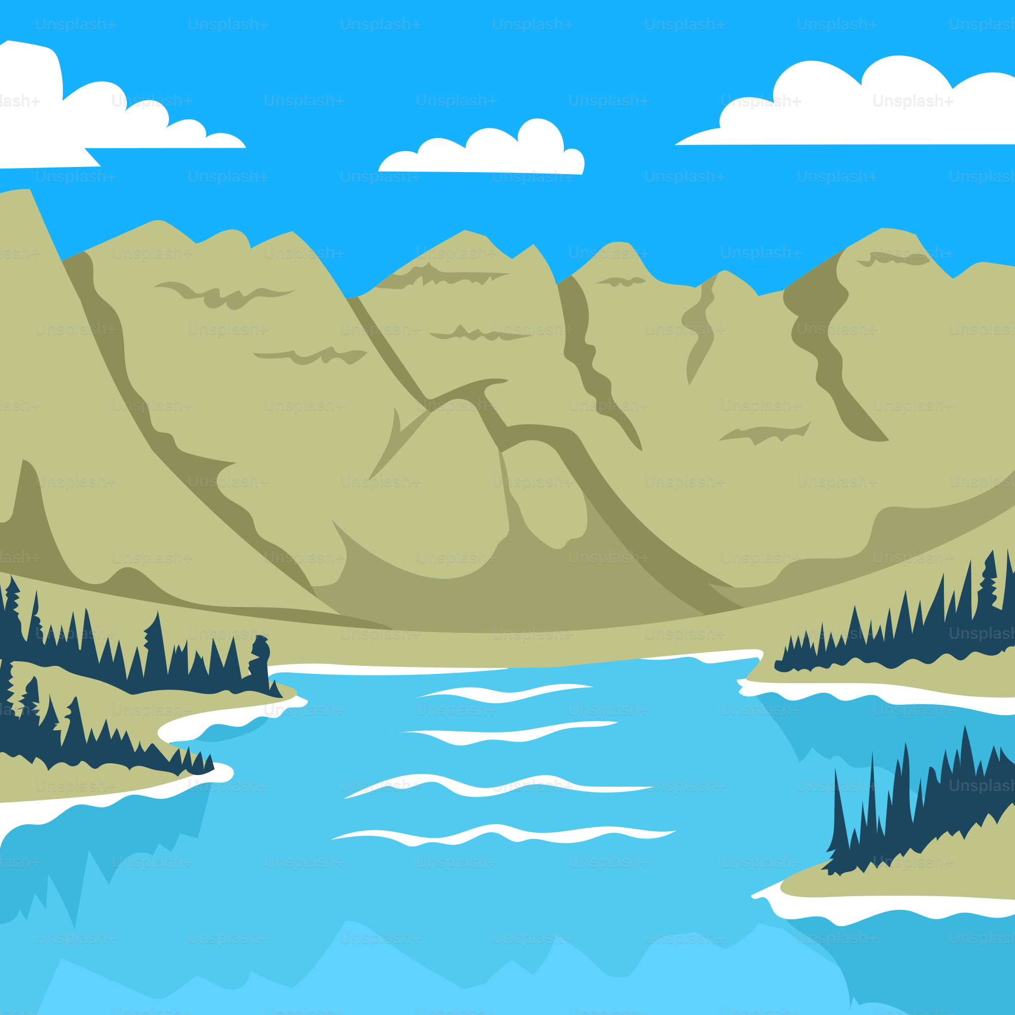 Ein See, umgeben von Bergen und Bäumen