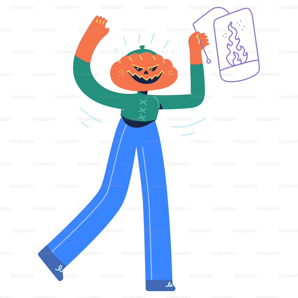 A man with a pumpkin on his head holding a piece of paper