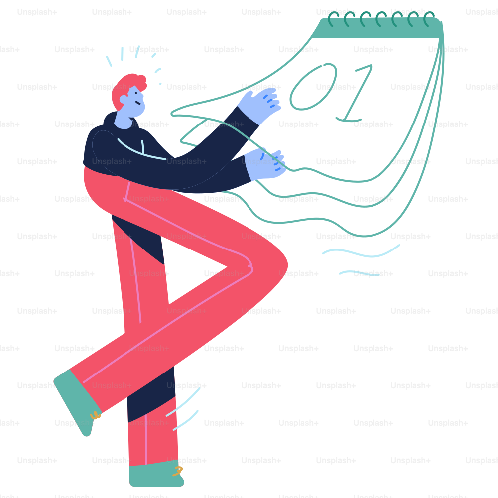 A man sitting on a desk with a calendar in his lap