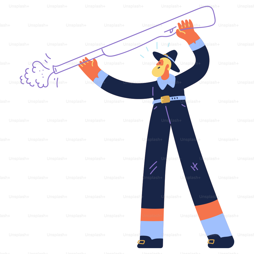 A man in a blue suit is holding a pipe