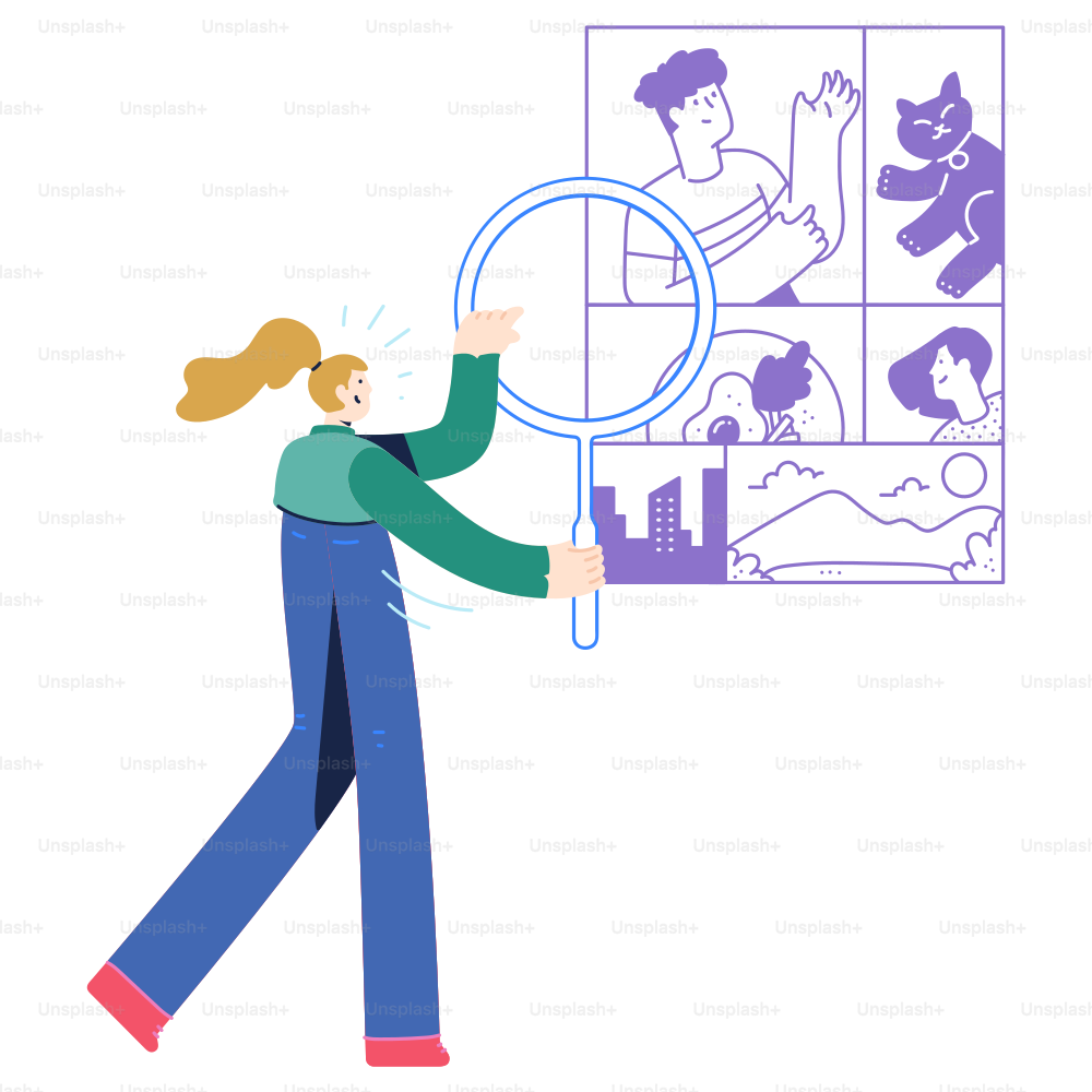 Eine Frau, die eine Lupe vor einem Bild eines Mannes hält