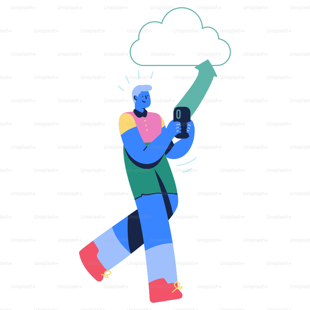 Ein Mann mit einer Wolke auf dem Kopf, der ein Handy hält