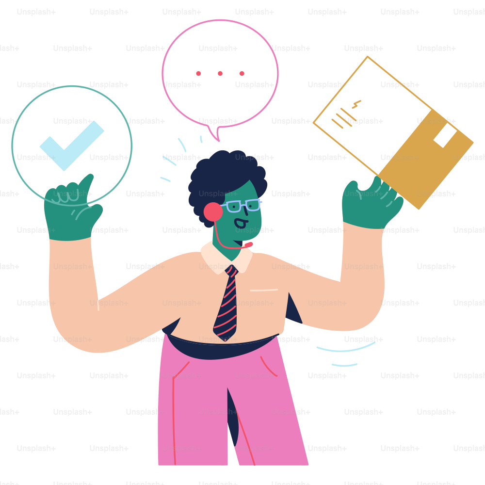 ネクタイと眼鏡を着け、頭上に吹き出しをつけた男性