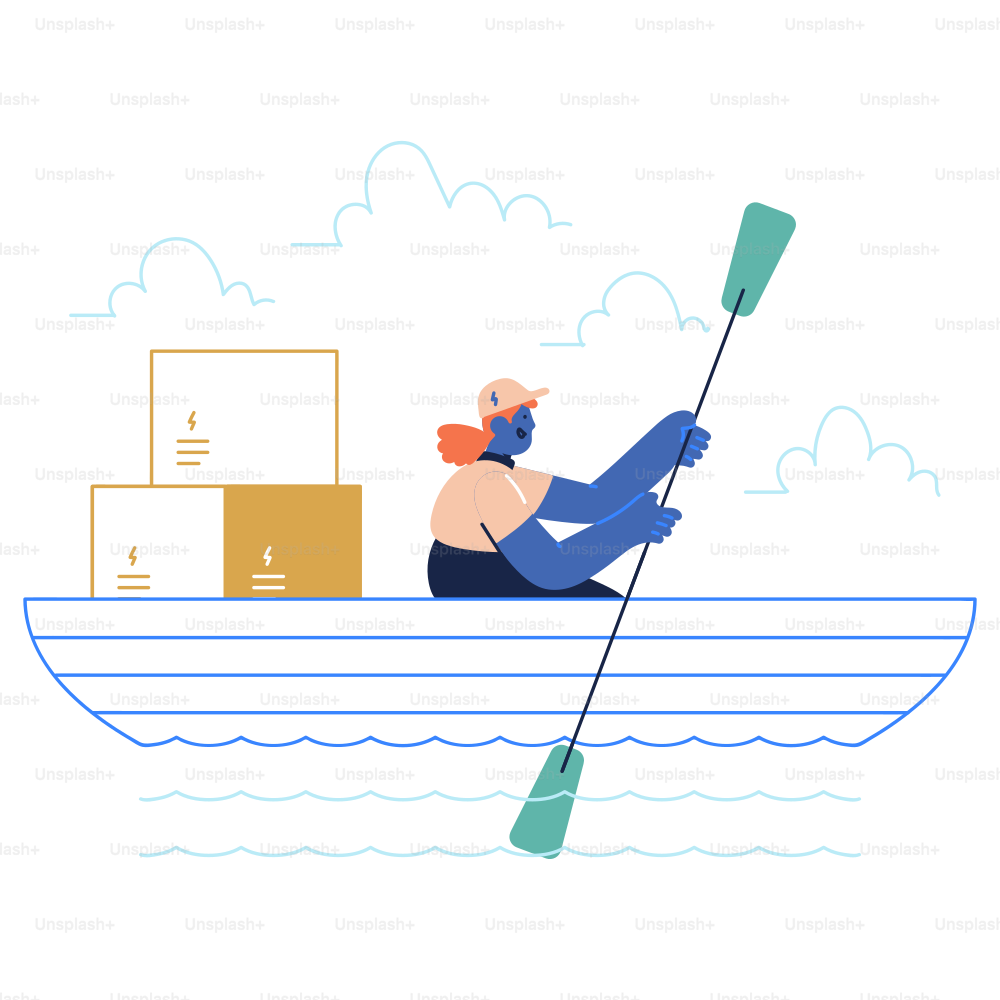 A man rowing a boat with boxes on the back