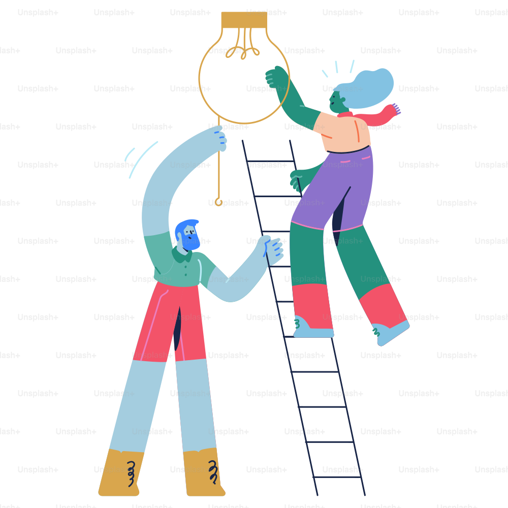 Two people climbing up a ladder to a light bulb