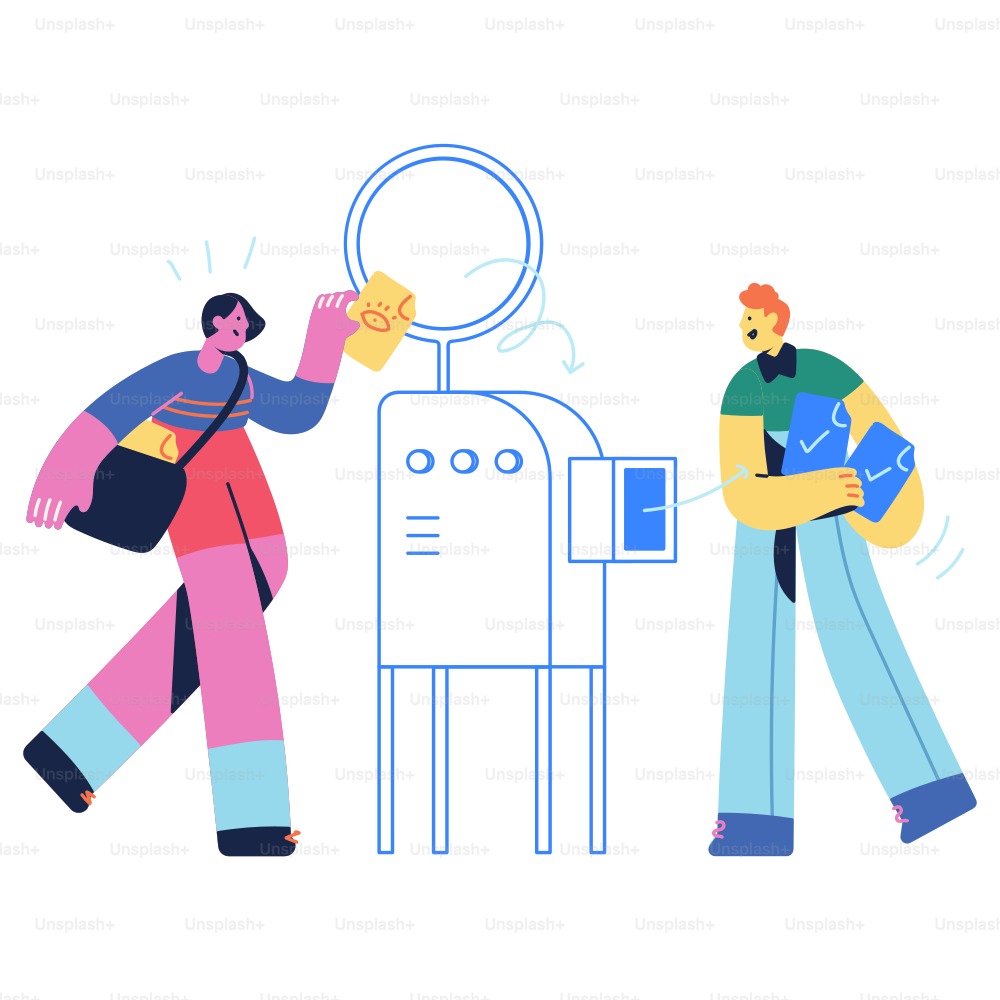 Three people are looking at a robot through a magnifying glass