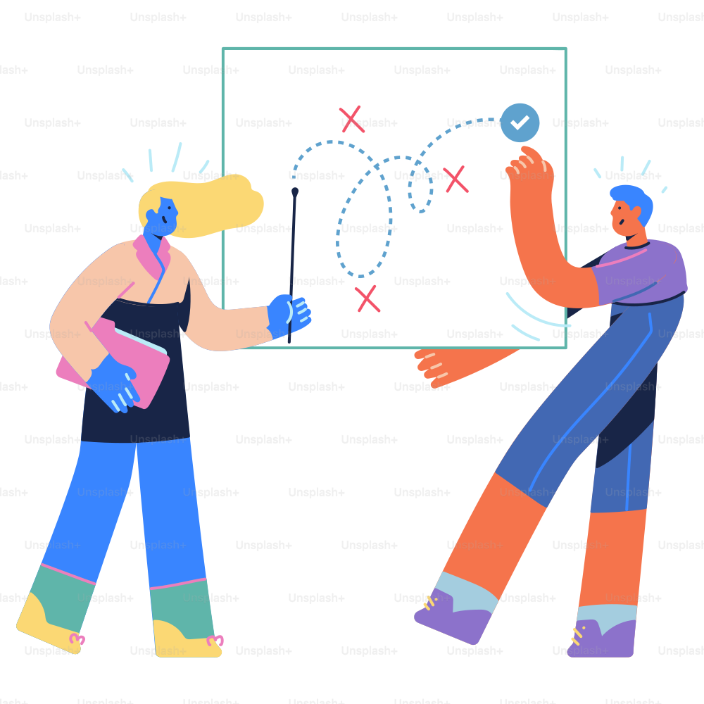 Two people standing in front of a white board