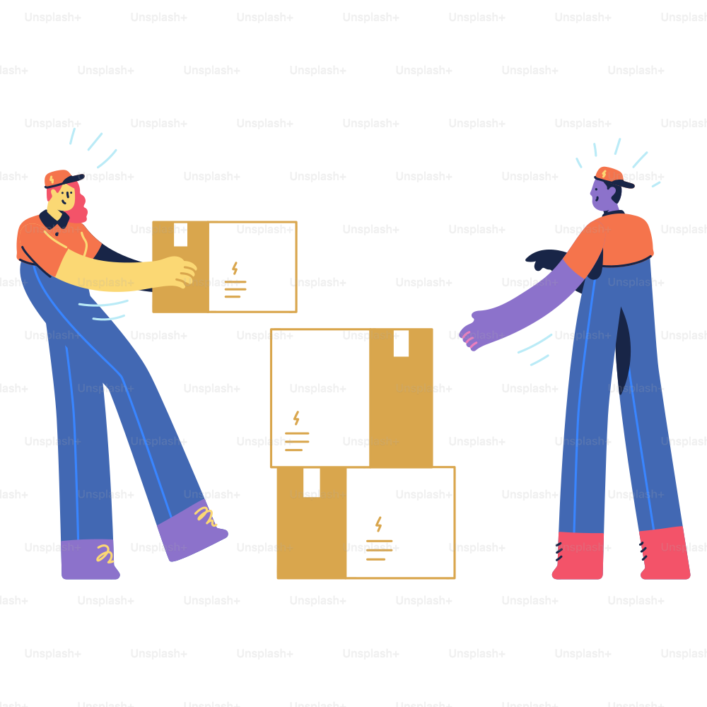 Two men are moving boxes together
