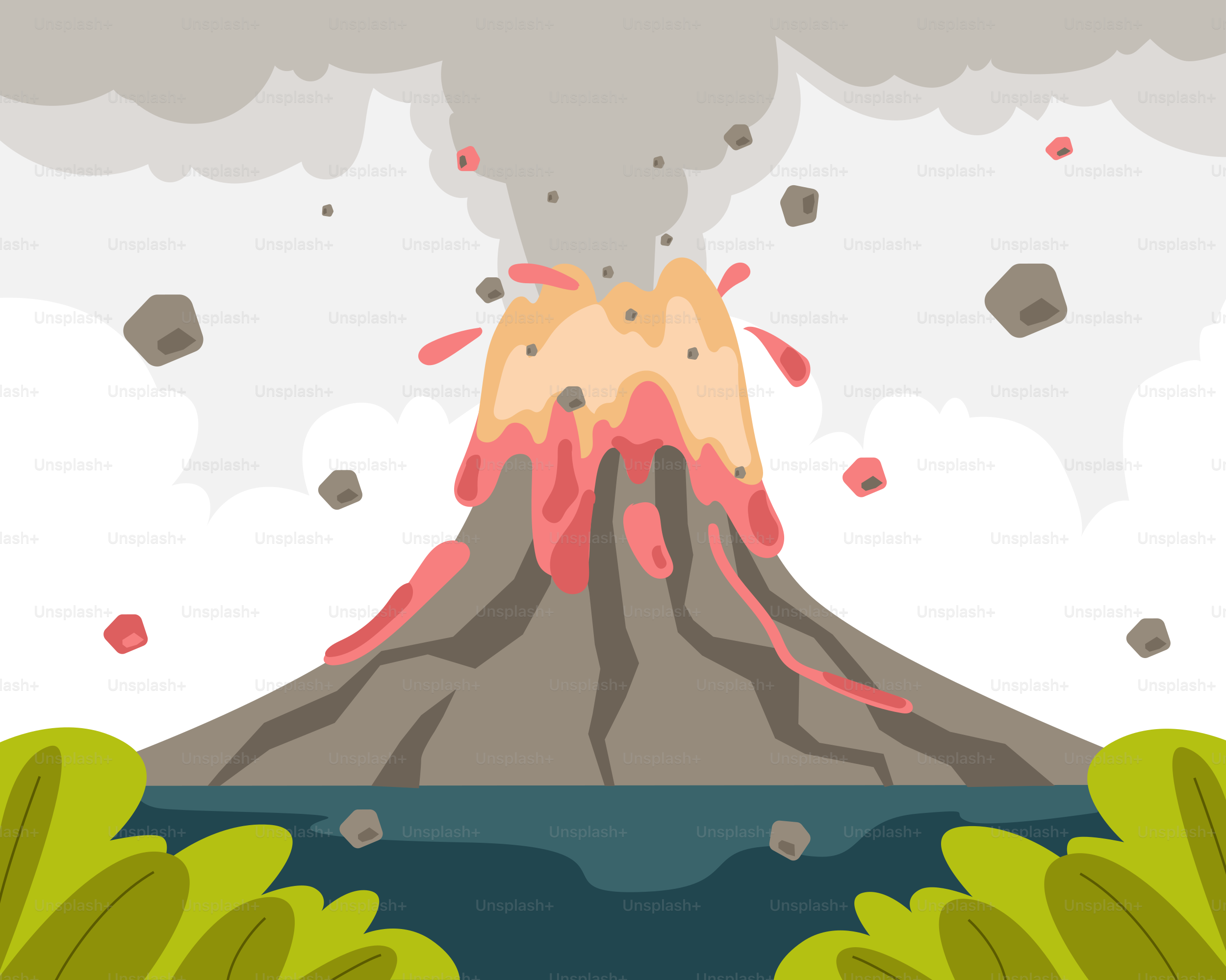 An illustration of a volcano erupting smoke and lava