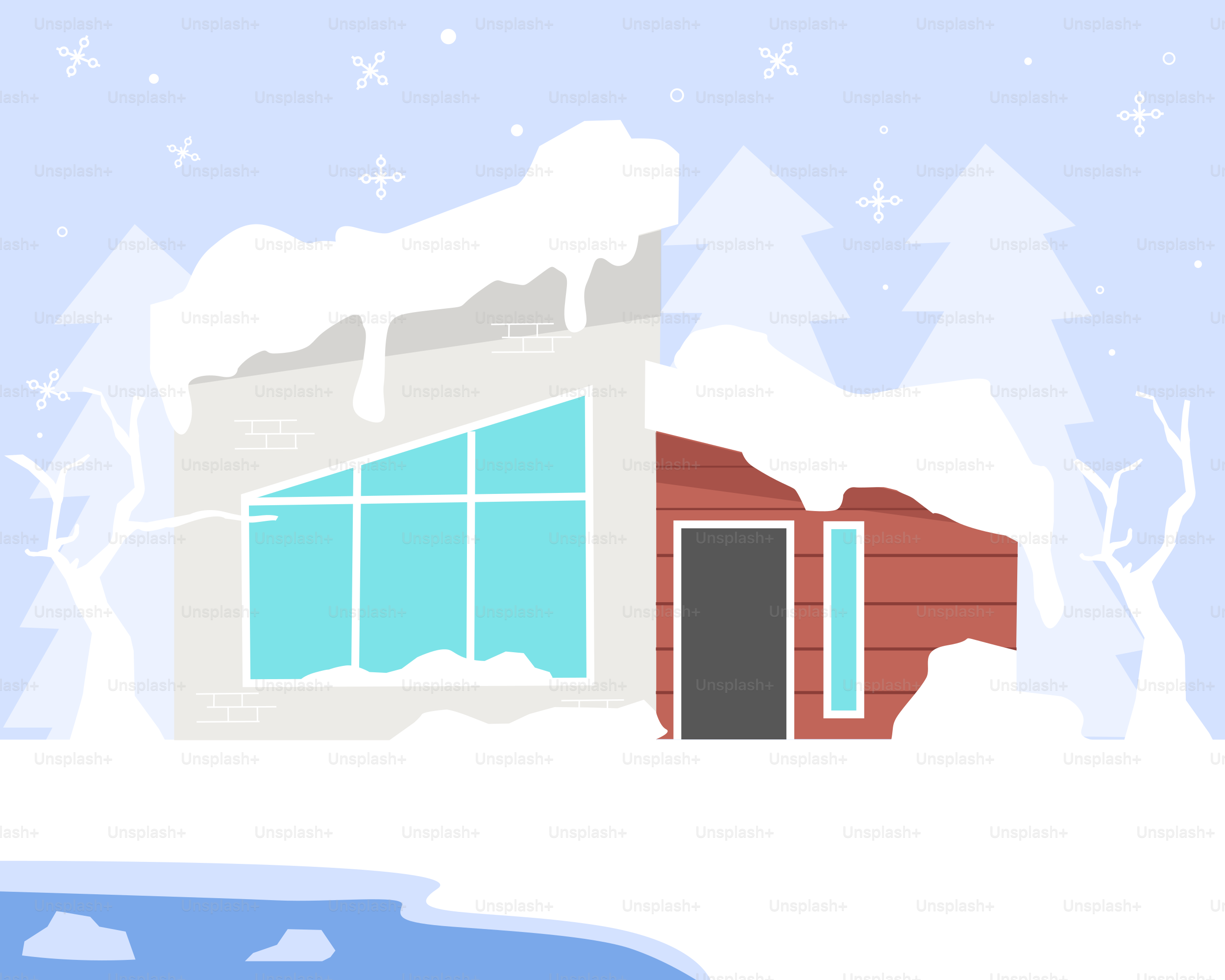 A snow covered house with a pond in front of it