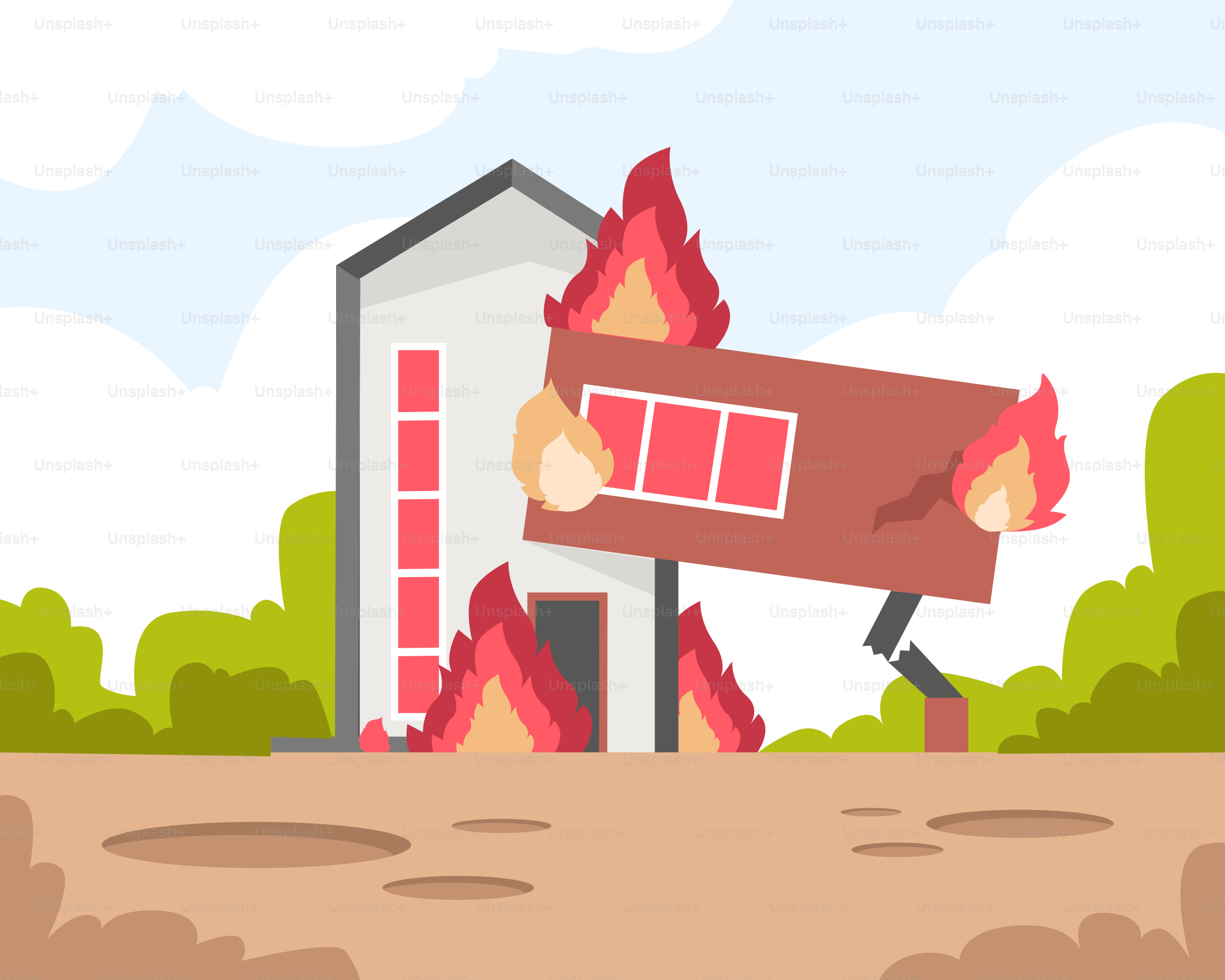 A house on fire with a fire extinguisher in front of it