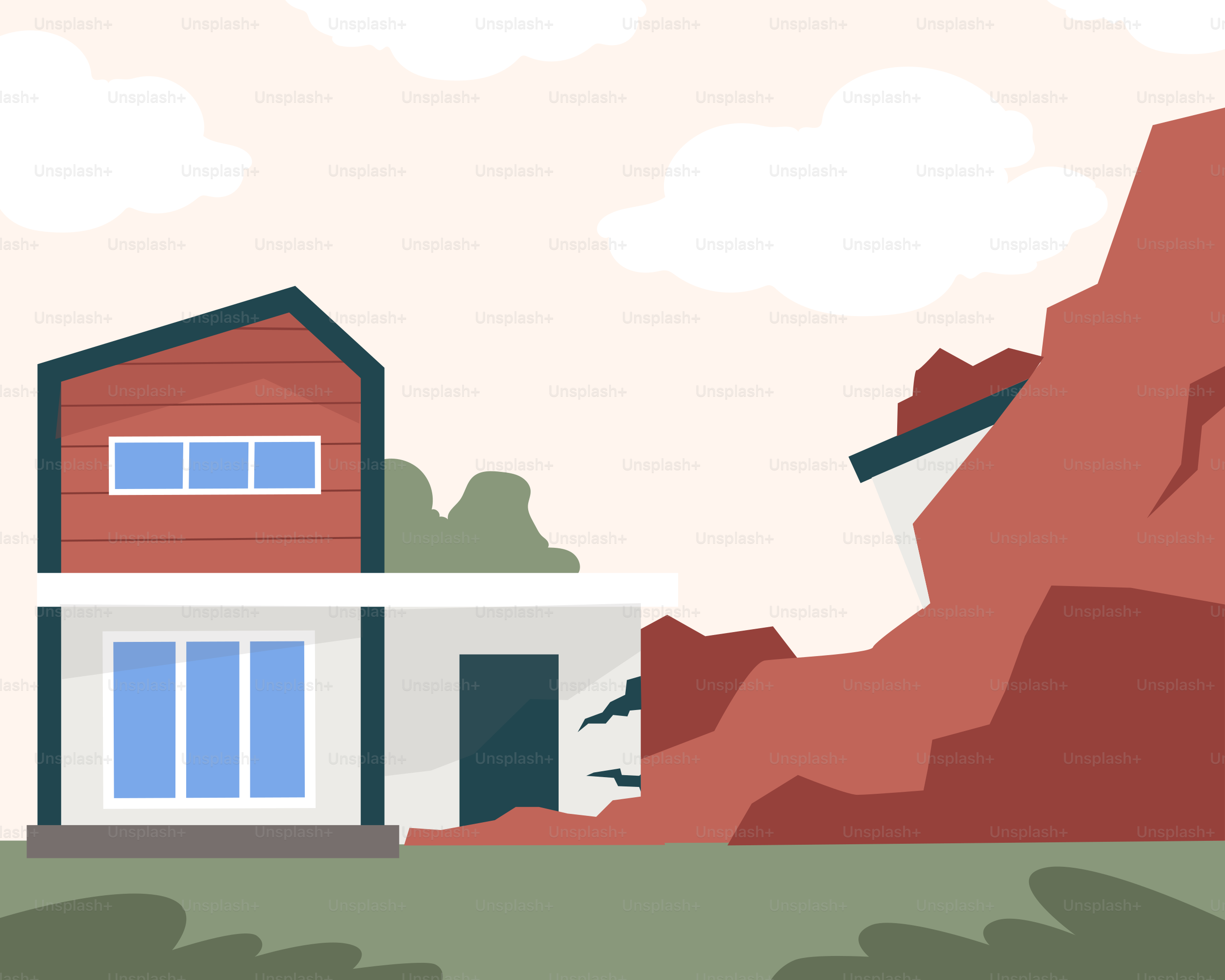 Une maison rouge au sommet d’une colline verdoyante