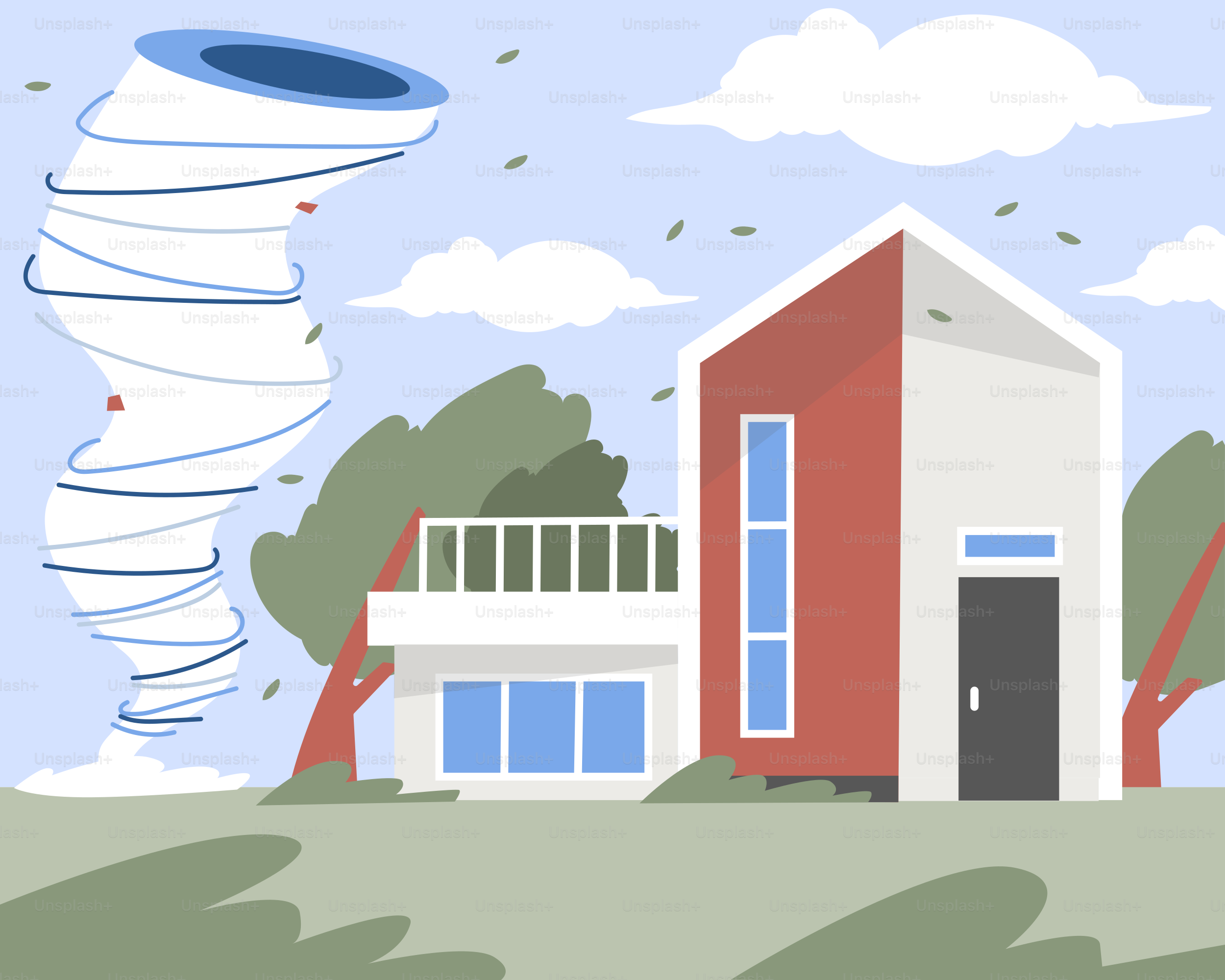 A red and white house with a blue sky in the background