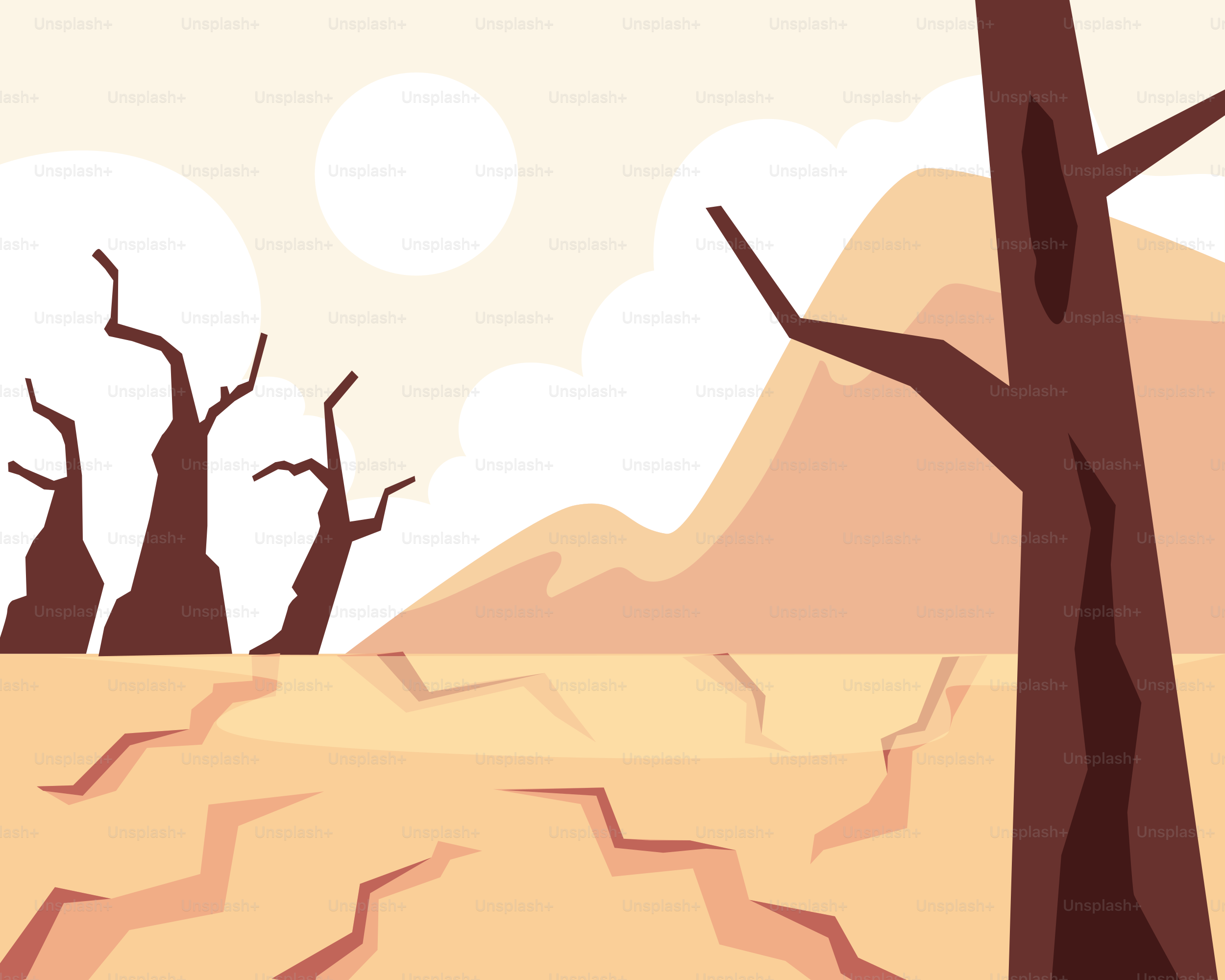 A desert scene with dead trees in the foreground