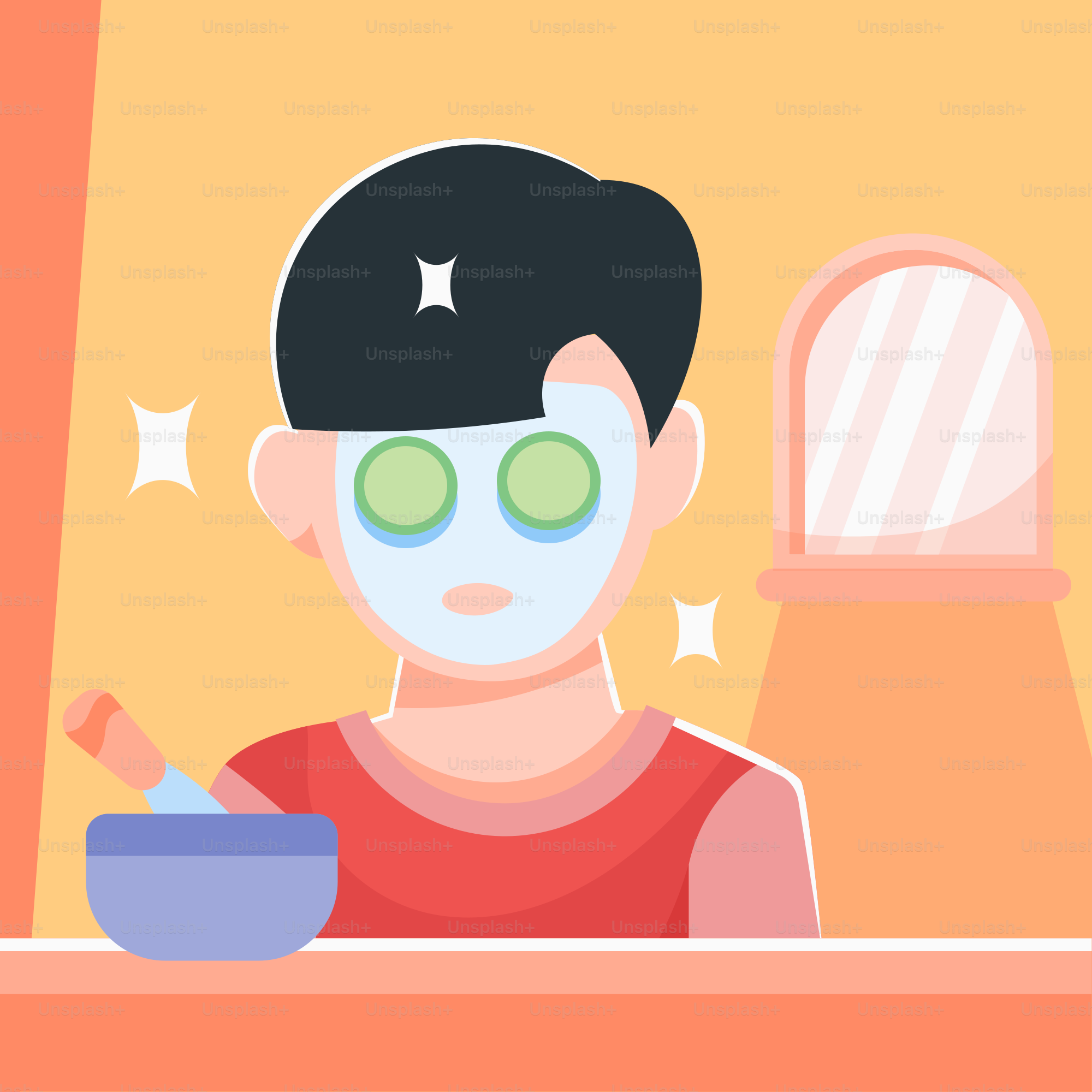 A man with cucumbers on his face and a bowl of food in front