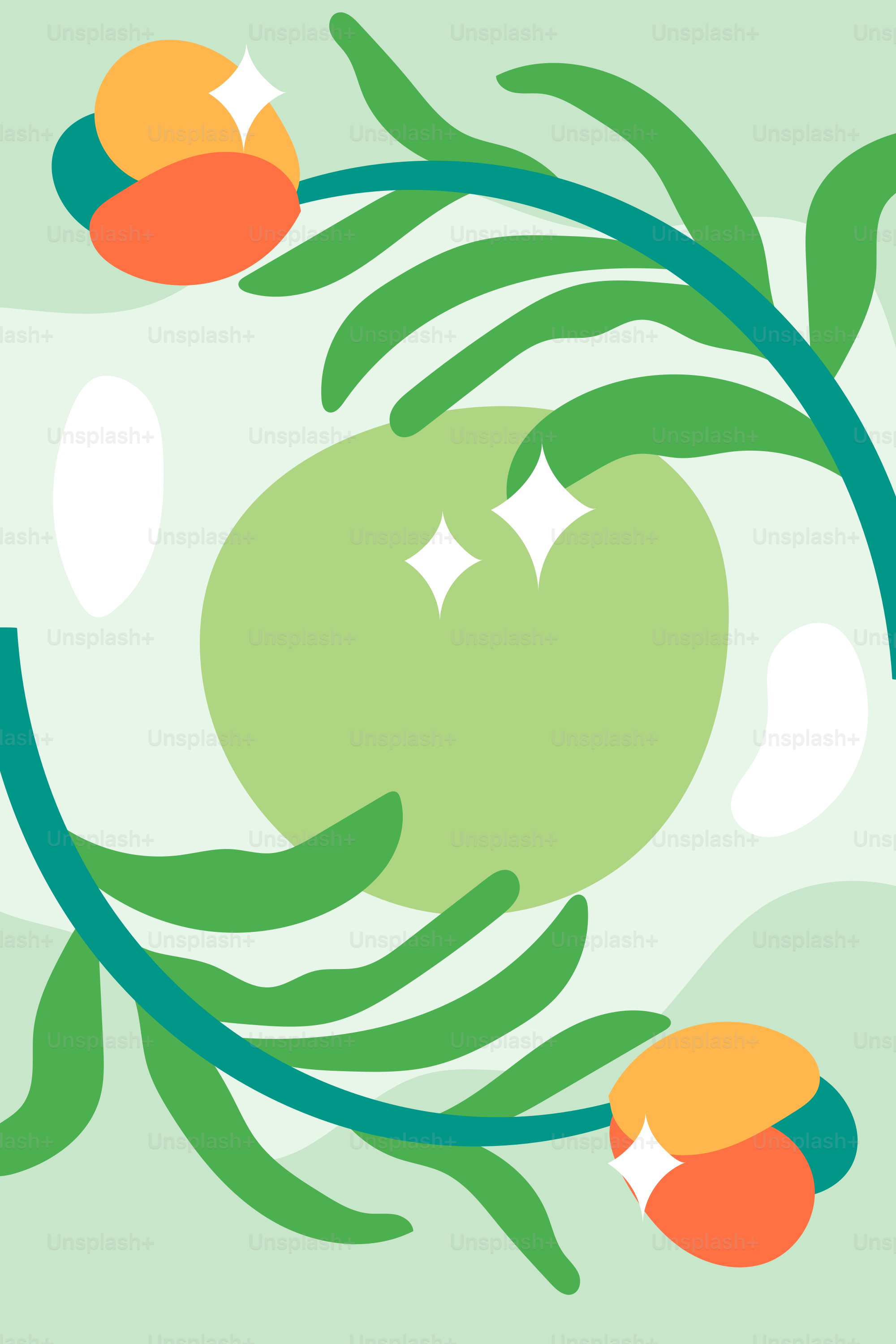 Uma ilustração de uma maçã verde cercada por laranjas