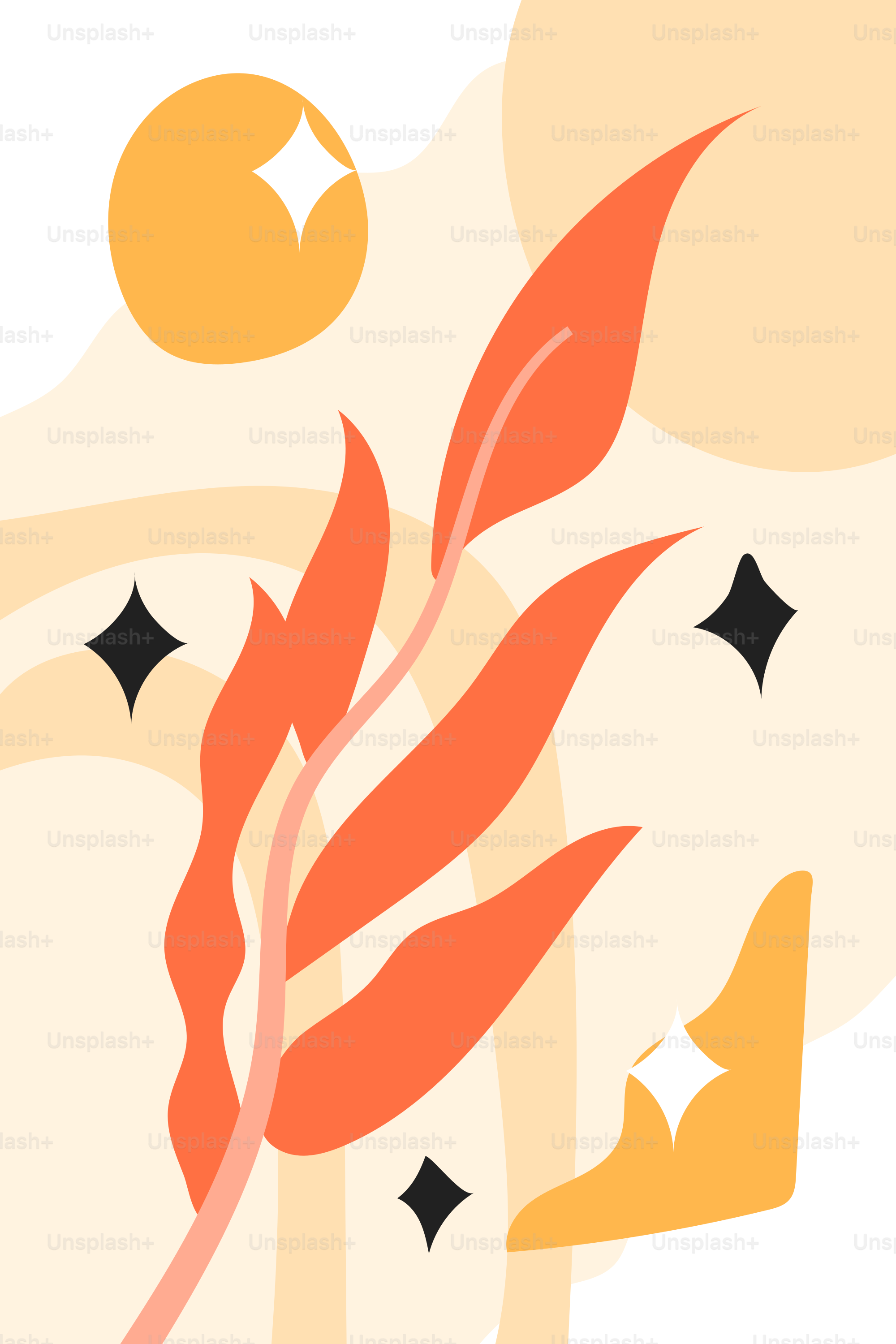 A stylized illustration of a plant with a sun in the background