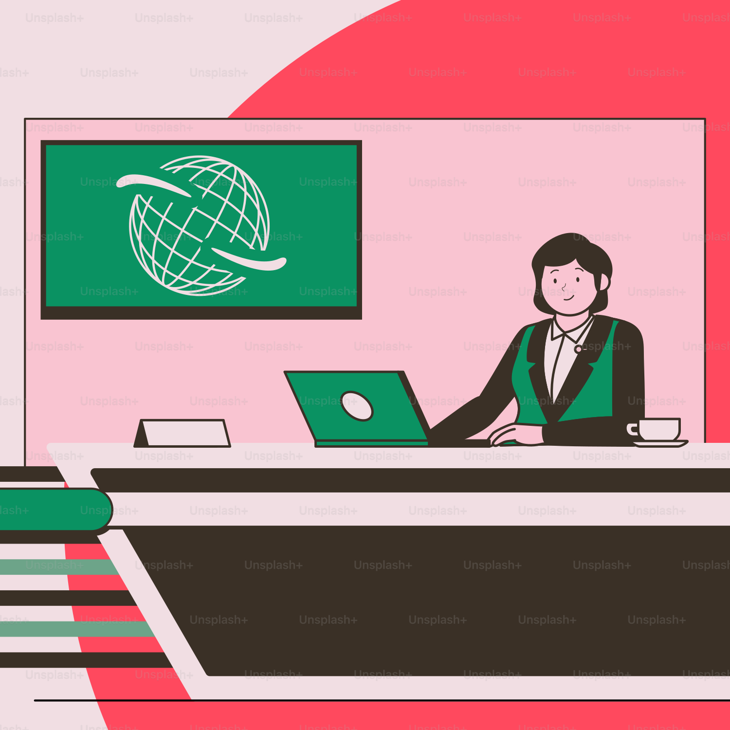 Eine Frau sitzt an einem Schreibtisch mit einem Laptop