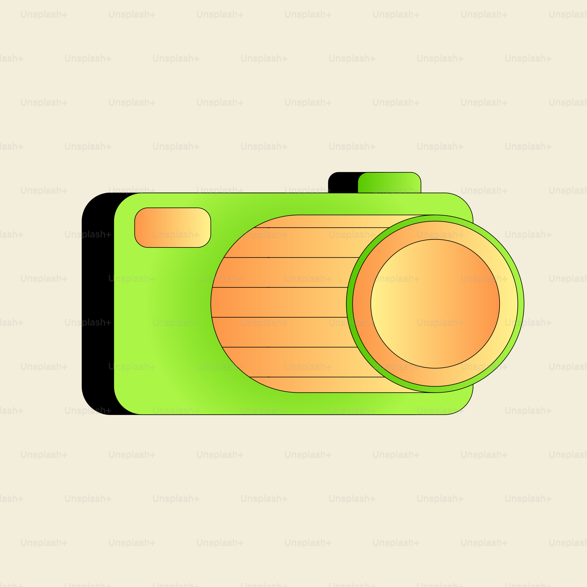 A green camera with a yellow lens