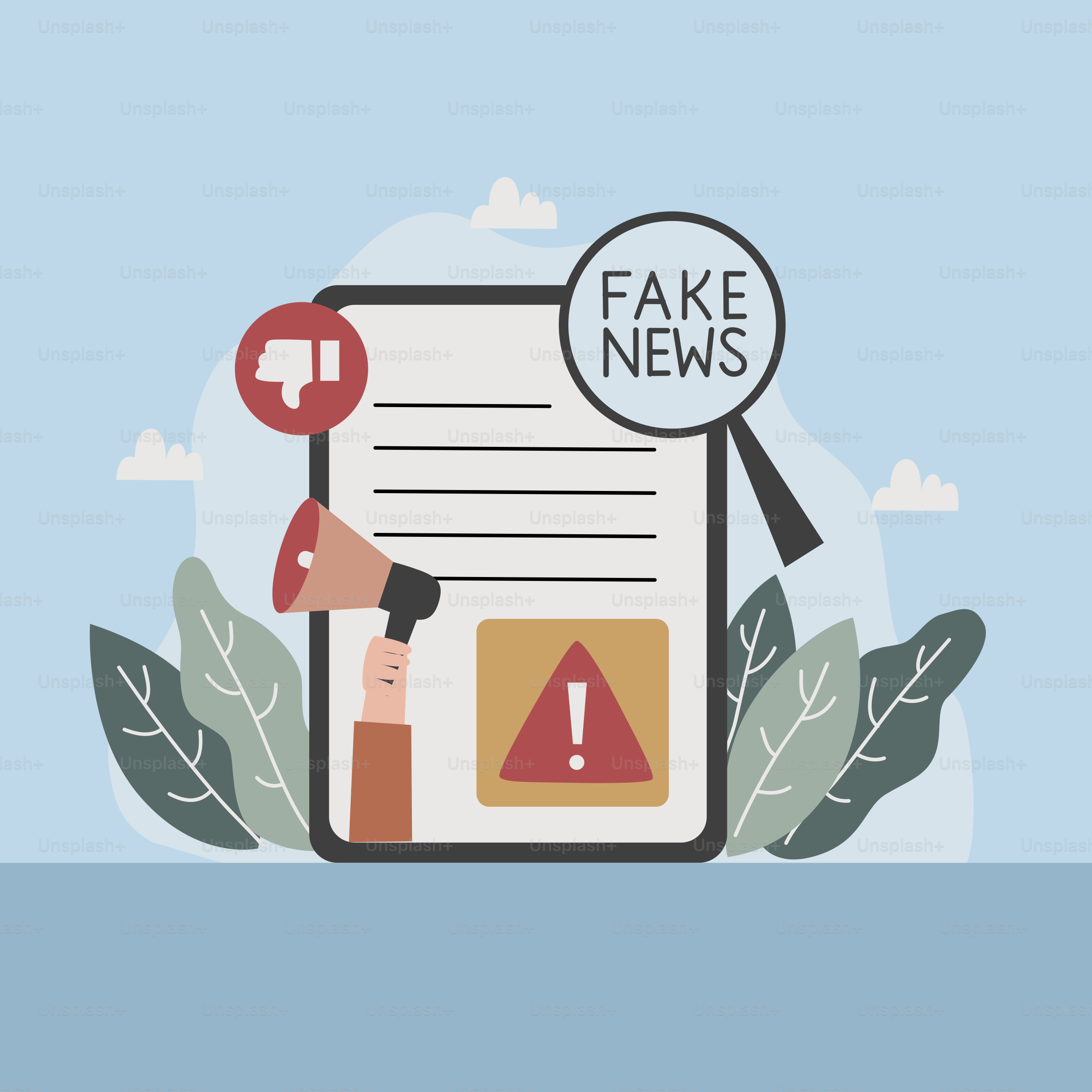 Un periódico falso con una lupa