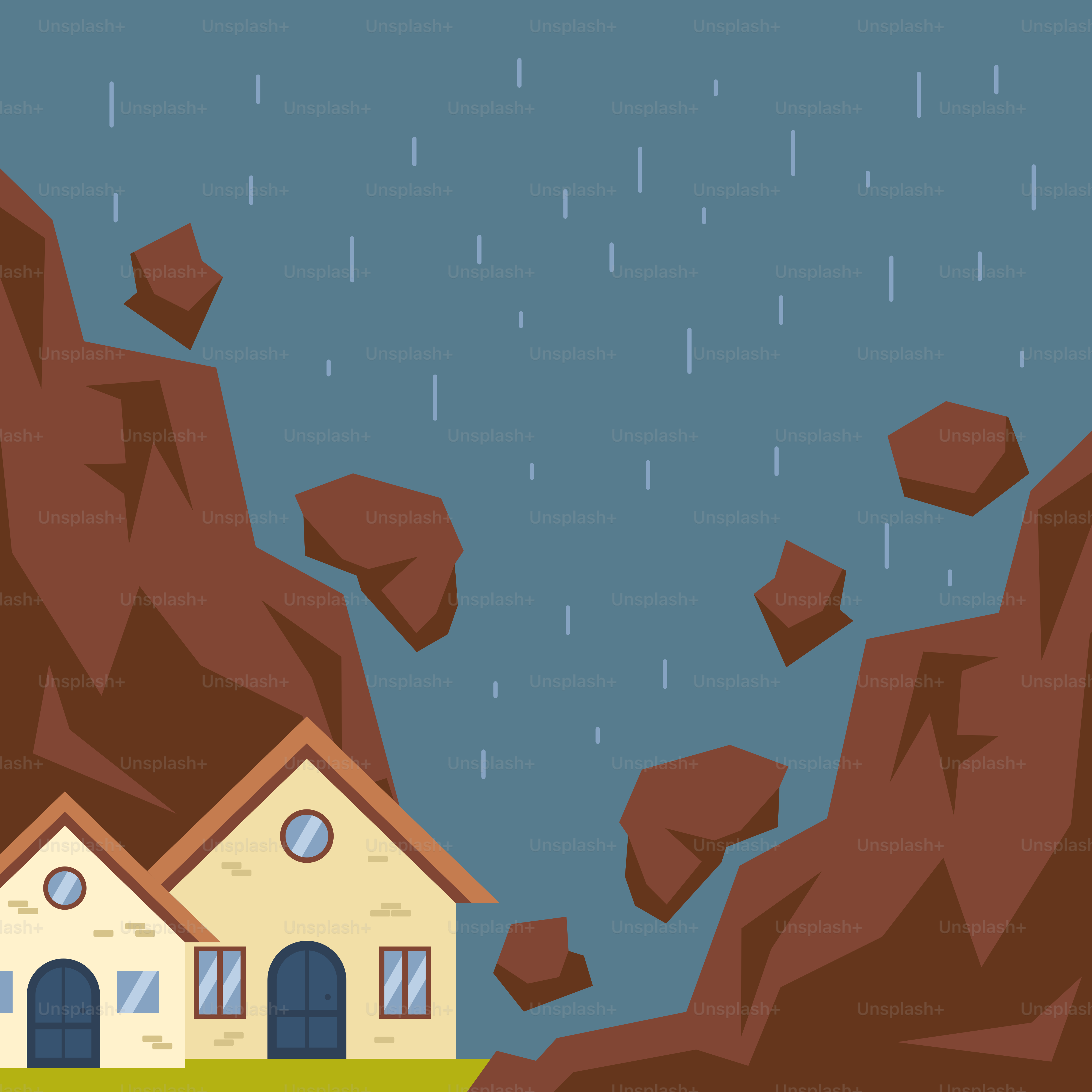 Une maison tombant d’une falaise sous la pluie