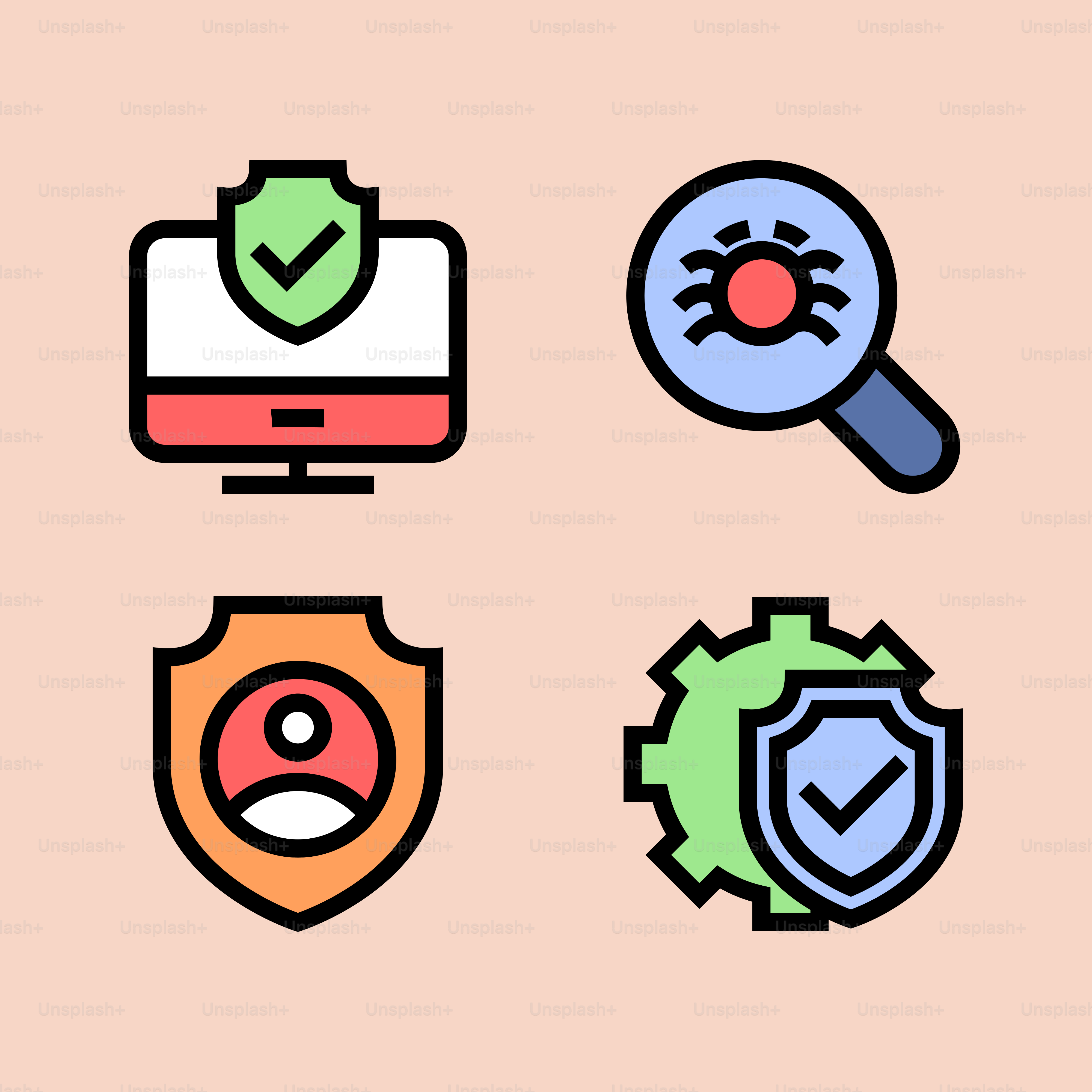 A set of different colored icons on a pink background