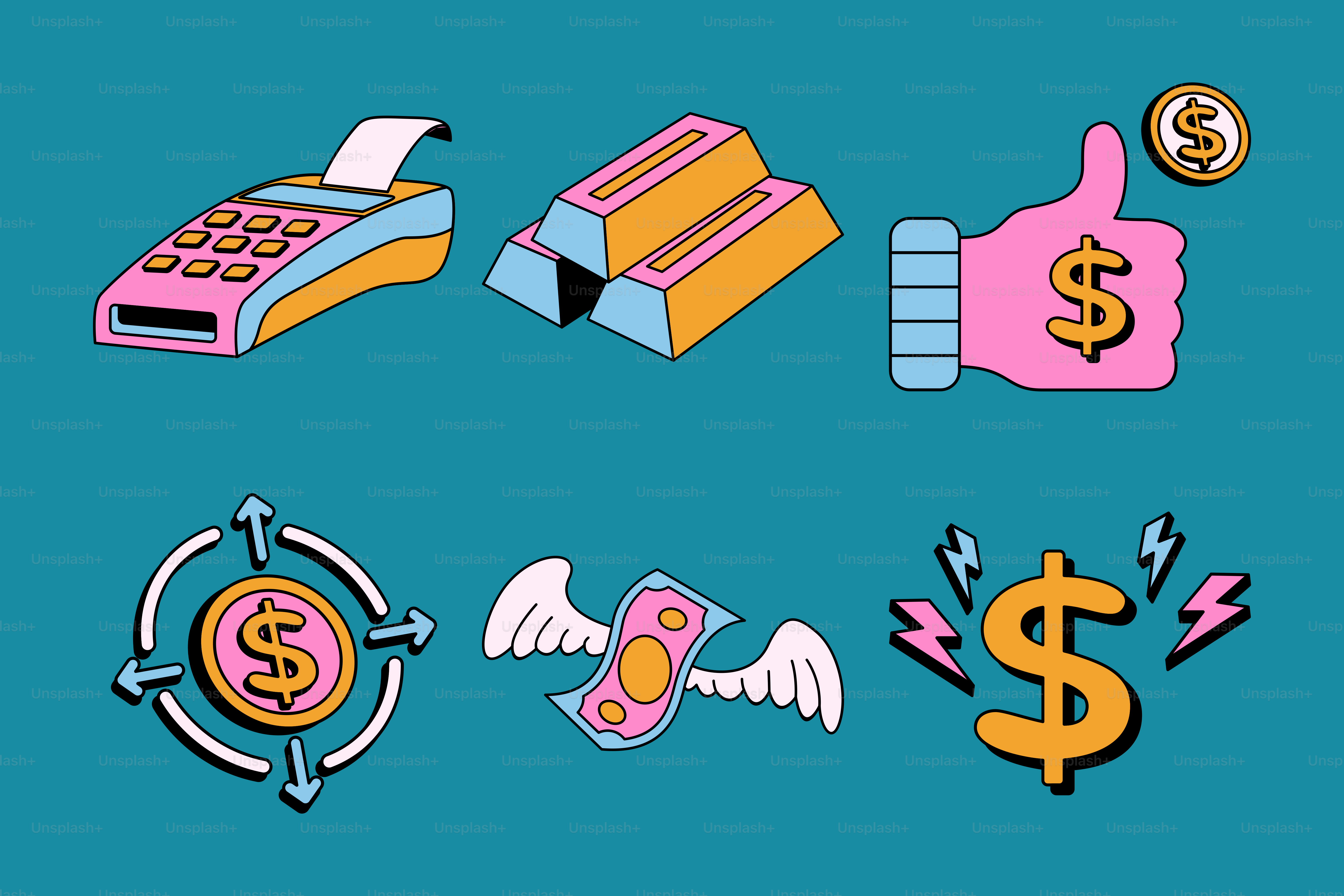 파란색 배경에 여러 가지 물건들이 있었다