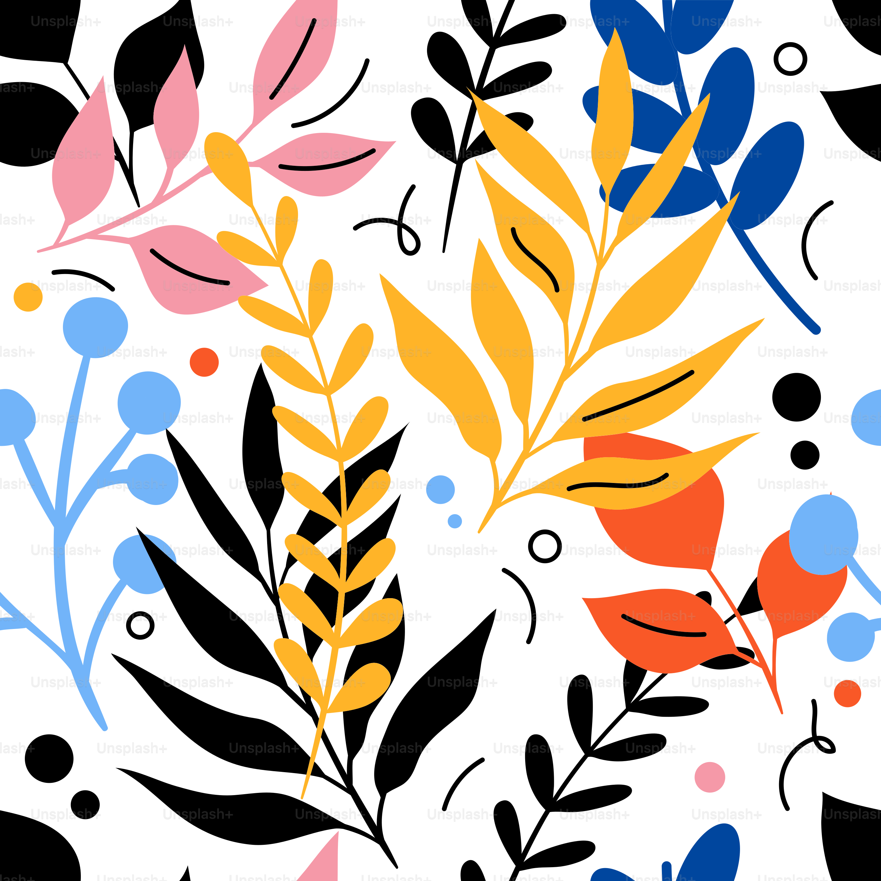 Un motivo di foglie e punti su sfondo bianco