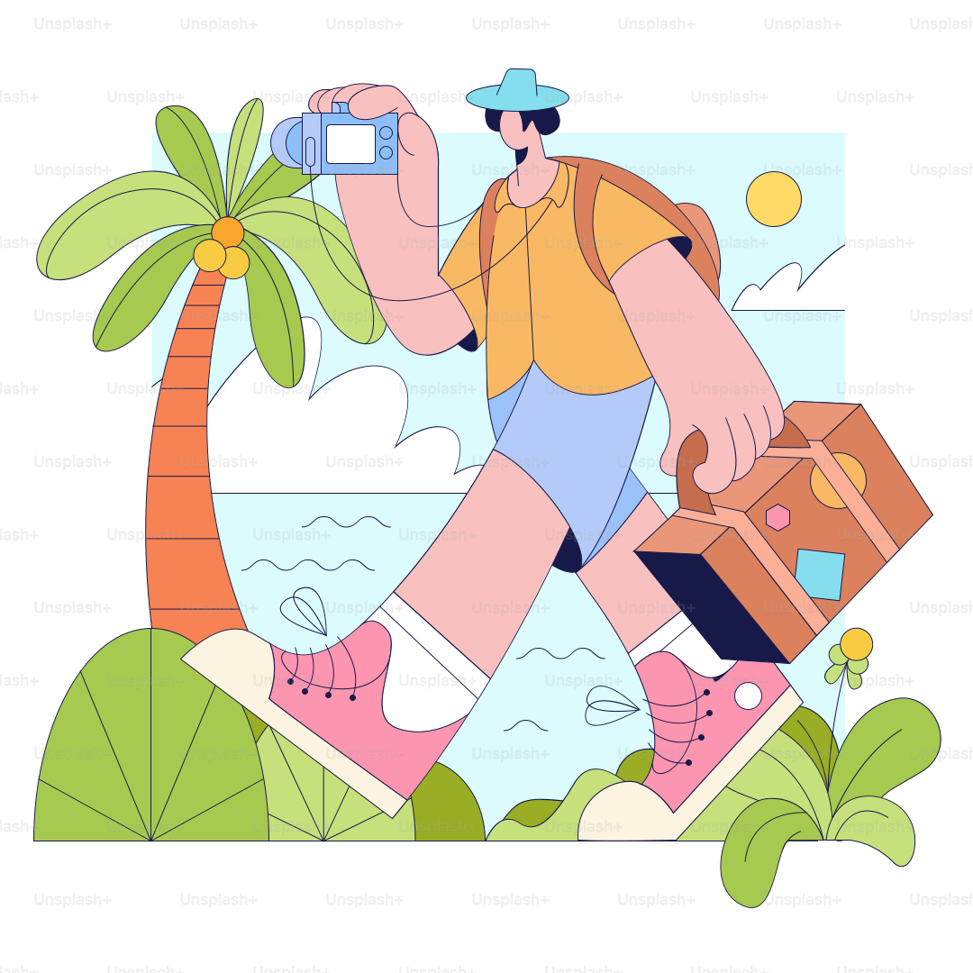 Un homme marchant avec une valise et un appareil photo