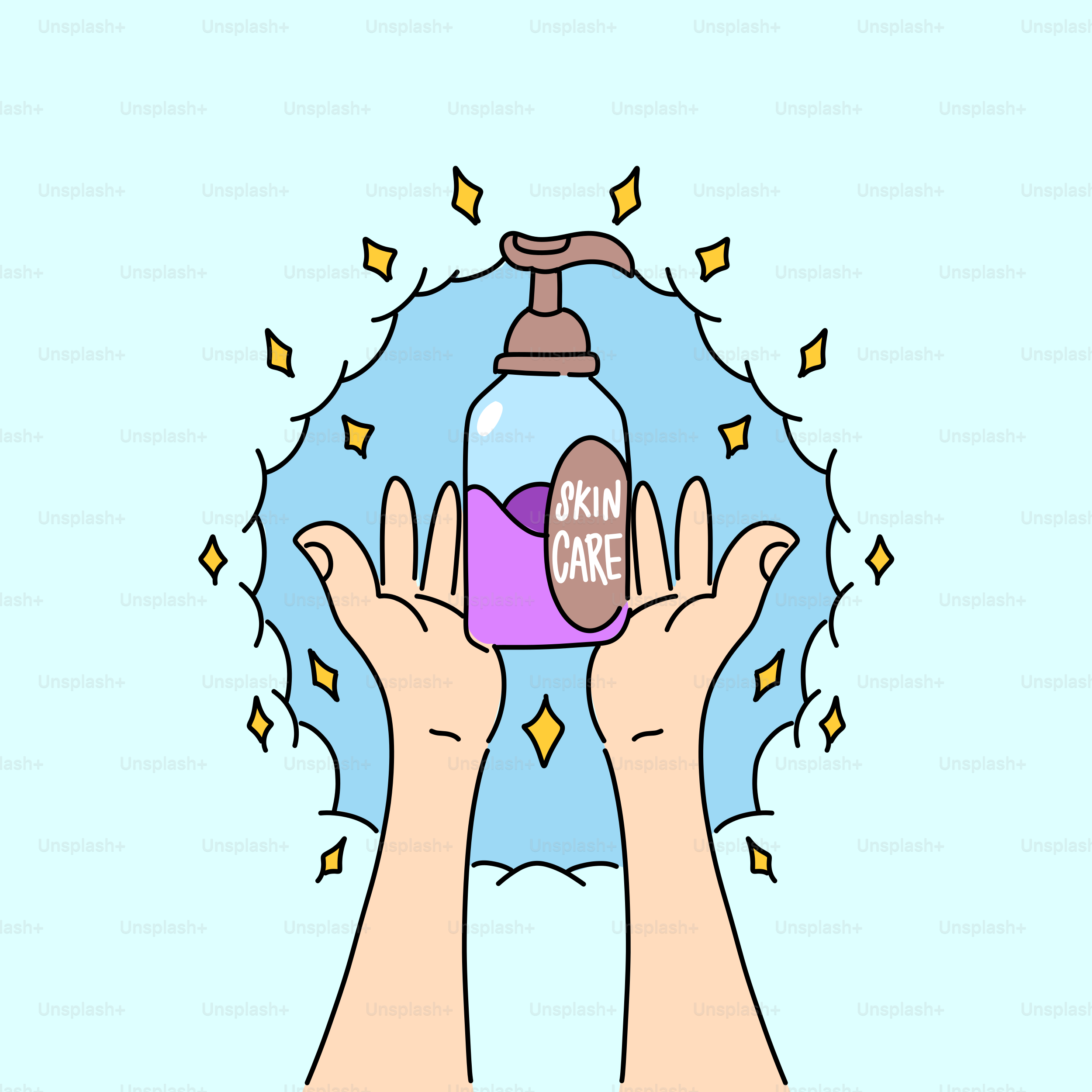 파란 배경 앞에 비누병을 든 손