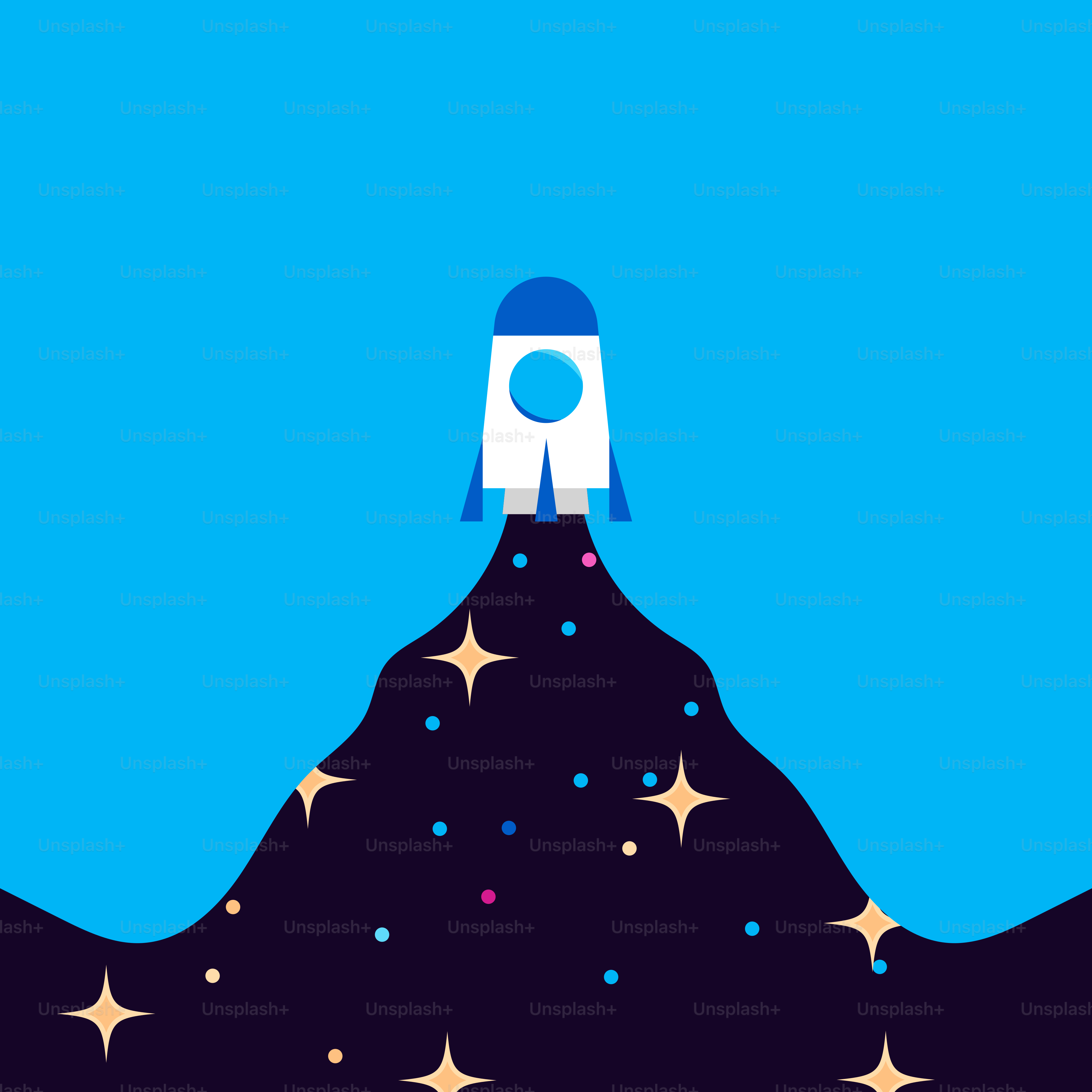 A rocket ship flying over a mountain with stars