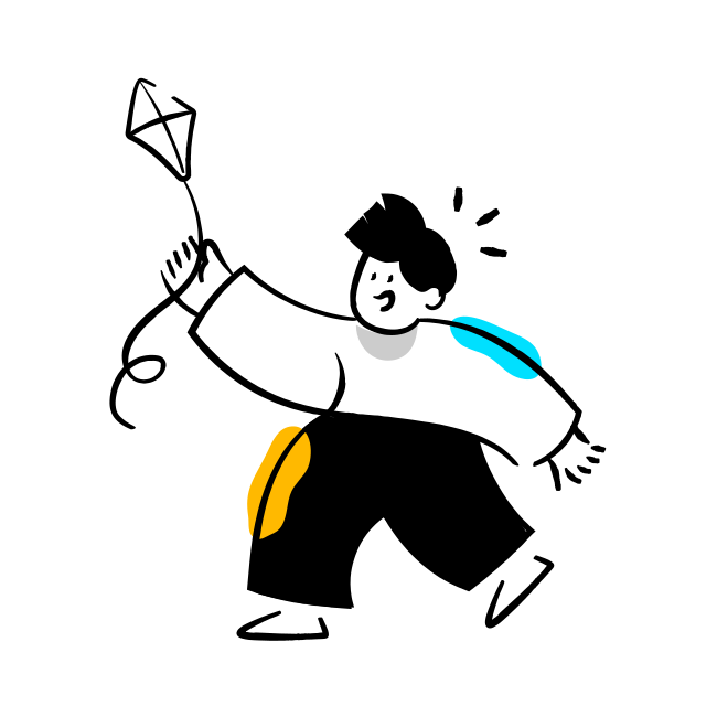 A drawing of a man holding a kite