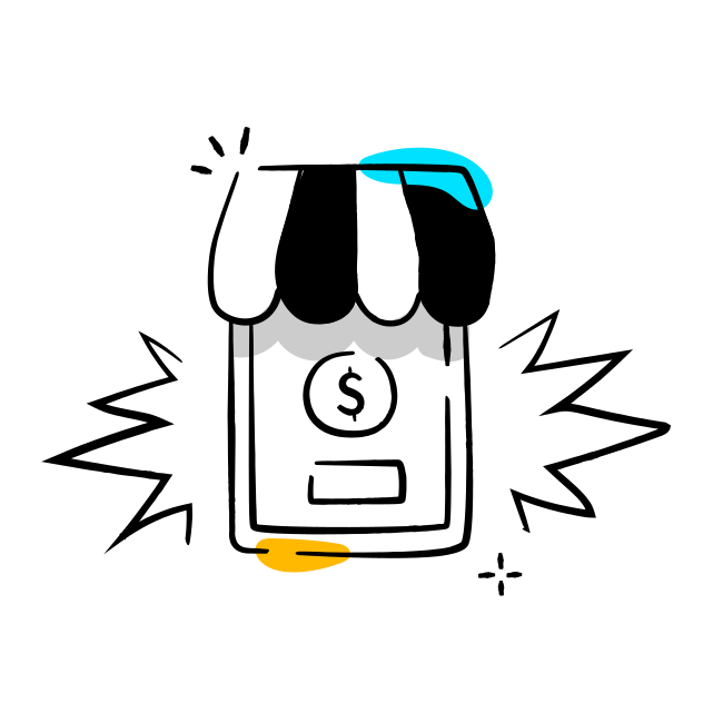 A black and white drawing of a store front