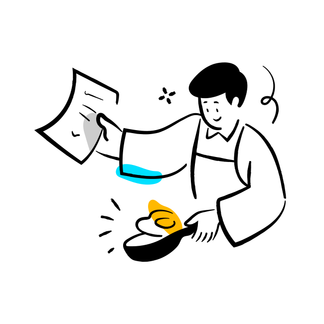 A man holding a piece of paper and a frying pan