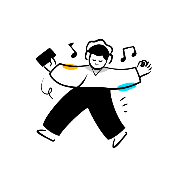 A man is dancing with music notes coming out of his head