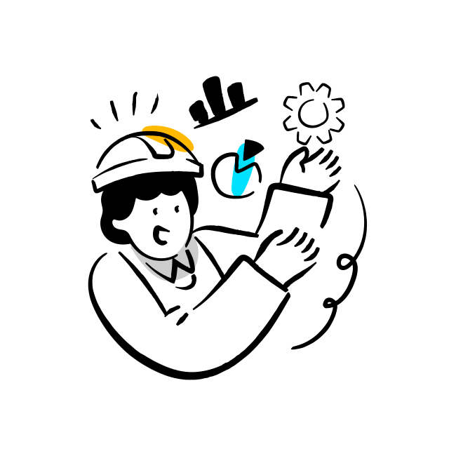 A drawing of a man holding a light bulb