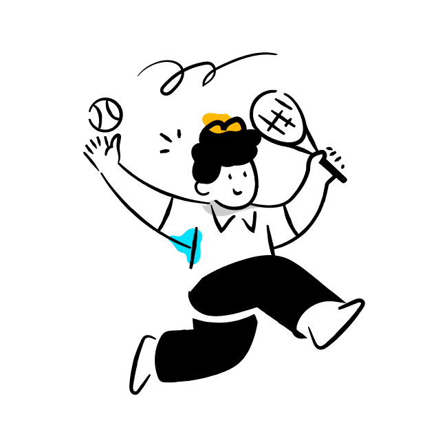 A drawing of a person jumping up in the air with a tennis racket
