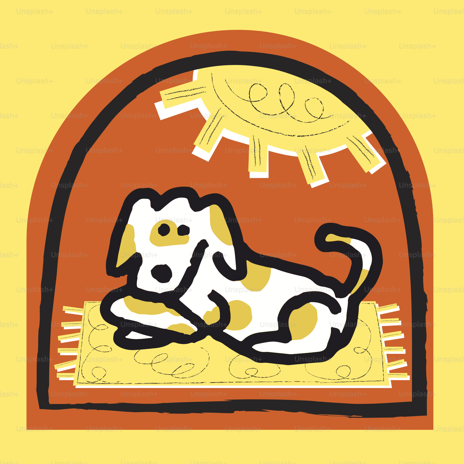 A drawing of a dog laying on a rug