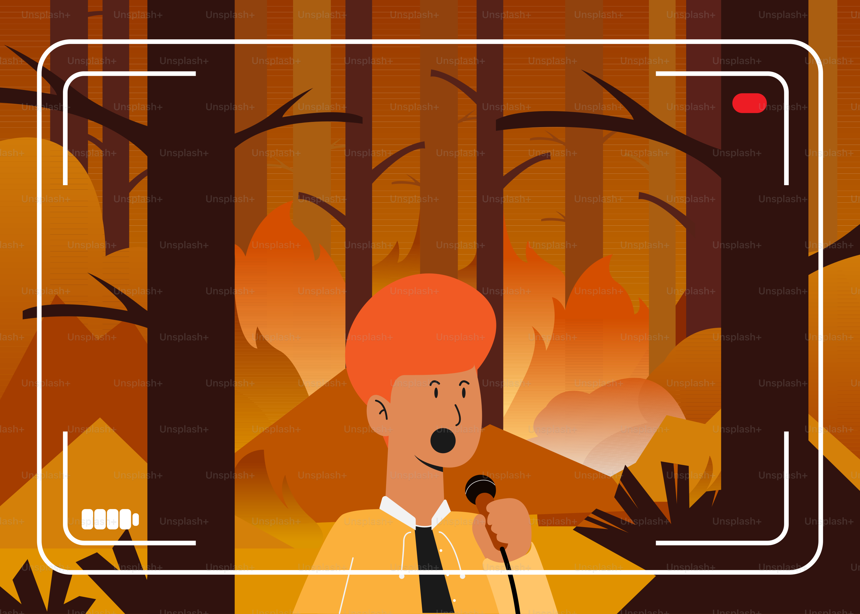 Ein Mann steht vor einem Wald und hält ein Mikrofon in der Hand