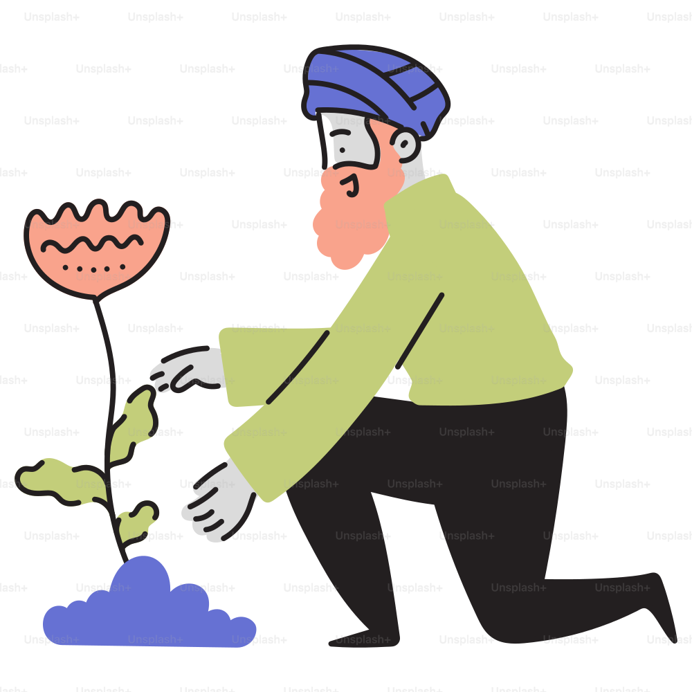 A man kneeling down next to a flower