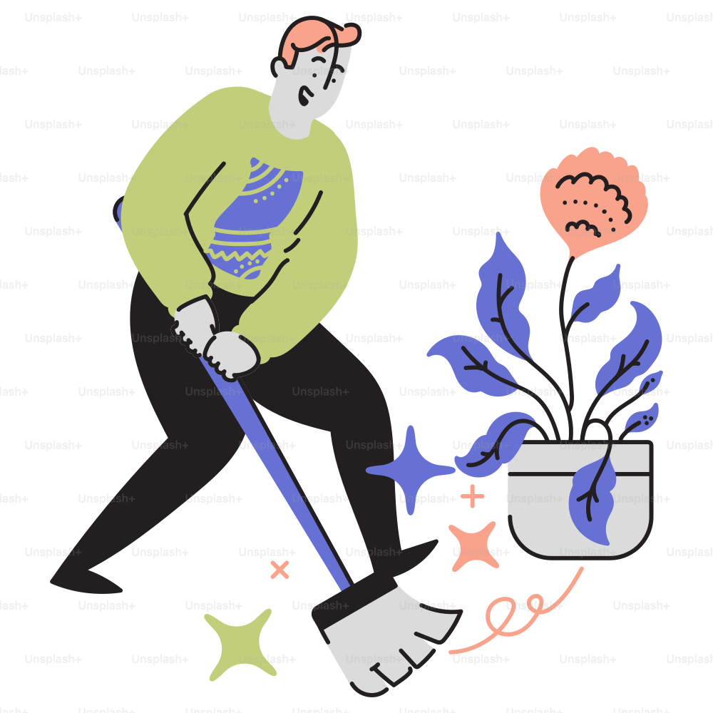 Un hombre con una escoba y una planta en maceta