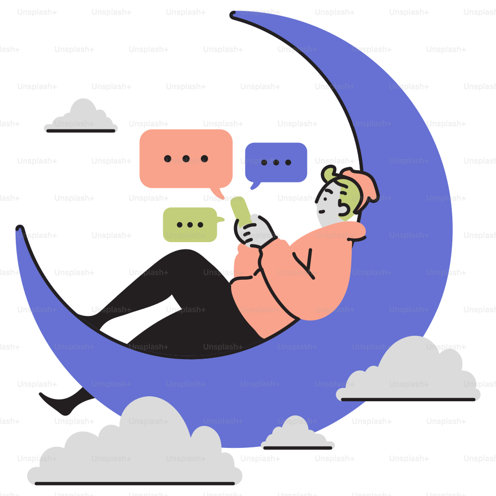 A man sitting on the moon with speech bubbles above his head