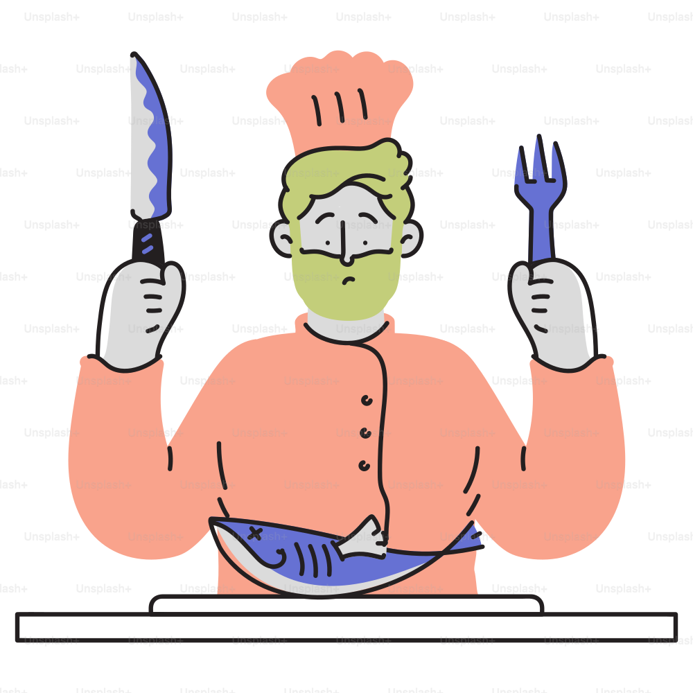 Ein Mann mit einem Messer und einem Fisch auf einem Teller