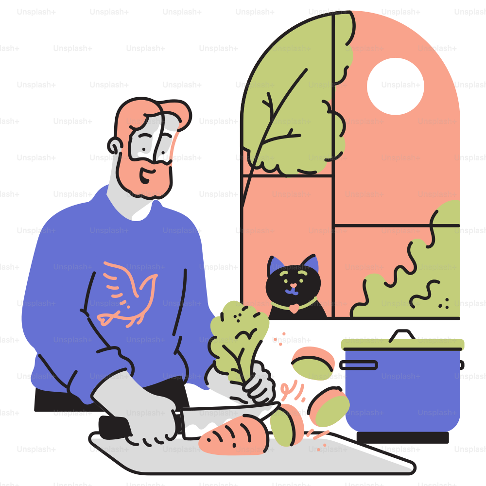A man cutting vegetables with a cat in the background
